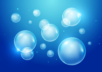 3d bubbles underwater on blue background. Soap bubbles vector illustration