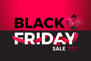 Black Friday 50% off Sale Poster for Retail, Shopping or Promotion with red ribbon and sales tag on black backgrounds.Black Friday banner template design. Eps10 vector illustration.