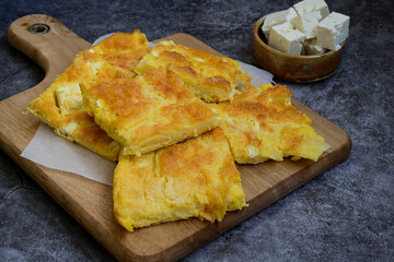 Bakery .Home made Ketogenic   cheese pie  with low carb  phyllo pastry, feta cheese  and organic eggs. Bulgarian banitsa in keto version. Gluten free diet food 