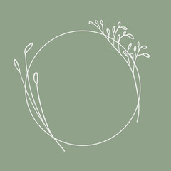 White Wreath line art on green background. Floral circle frame. Wedding leaves wreath 