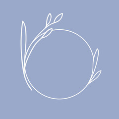 White Wreath line art on blue background. Floral circle frame. Wedding leaves wreath 