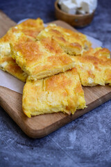 Bakery .Home made Ketogenic   cheese pie  with low carb  phyllo pastry, feta cheese  and organic eggs. Bulgarian banitsa in keto version. Gluten free diet food 