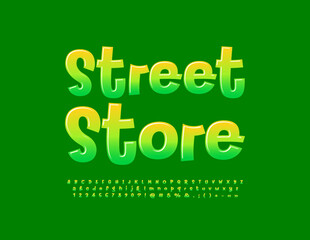 Vector bright signboard Street Store. Modern glossy Font. Playful Alphabet Letters and Numbers