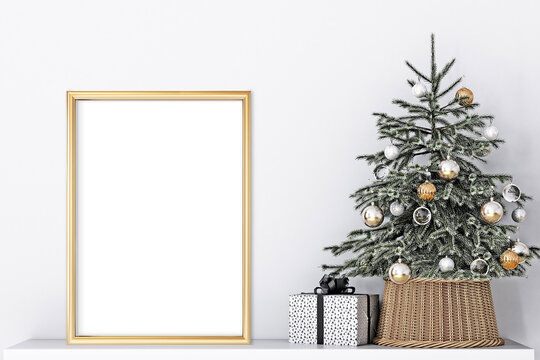 Christmas  mockup, gold frame mockup A4, Christmas tree with gifts