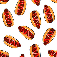 Cartoon hot dog fast food seamless pattern isolated on white background. Fashion fabric print template.