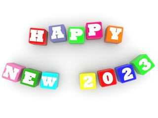 Happy new year 2023 concept on colorful toy blocks