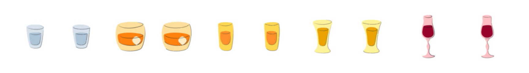 Vodka whiskey rum tequila liquor glass on white background. Cartoon sketch graphic design. Flat style. Colored hand drawn image. Party drink concept for restaurant, cafe, party. Freehand drawing style