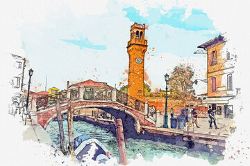 Watercolor drawing picture landscape view of Murano beautiful landmark of Italy.