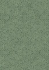Hand-drawn unique abstract symmetrical seamless ornament. Dark semi transparent green on a light warm green background color. Paper texture. A4. (pattern: p02-1d)
