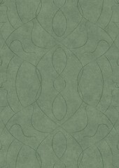 Fototapeta premium Hand-drawn unique abstract symmetrical seamless ornament. Dark semi transparent green on a light warm green background color. Paper texture. A4. (pattern: p08-1d)