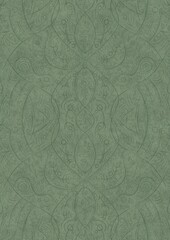 Fototapeta premium Hand-drawn unique abstract symmetrical seamless ornament. Dark semi transparent green on a light warm green background color. Paper texture. A4. (pattern: p08-2d)