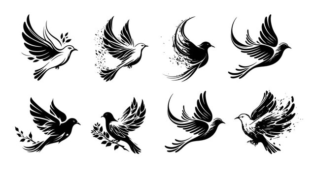 Set of vector birds, doves, icons, logo elements