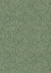 Obraz premium Hand-drawn unique abstract seamless ornament. Dark green on light warm green background, with splatters of golden glitter. Paper texture. Digital artwork, A4. (pattern: p02-1d)