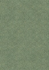Hand-drawn unique abstract seamless ornament. Dark green on light warm green background, with splatters of golden glitter. Paper texture. Digital artwork, A4. (pattern: p02-1e)