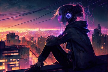 Naklejka premium anime listen to music and vibe in city