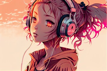 Naklejka premium anime listen to music and vibe in city