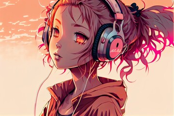 Fototapeta premium anime listen to music and vibe in city