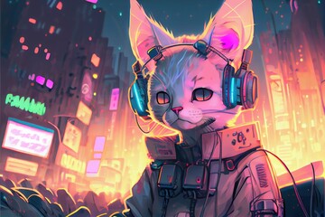 anime listen to music and vibe in city - obrazy, fototapety, plakaty