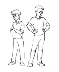 The two boys quarreled. Pencil drawing