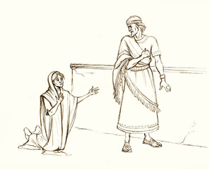 Famine in the ancient city. Pencil drawing