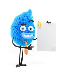 Fluffy businessman is holding papers. 3d illustration. Cartoon character.
