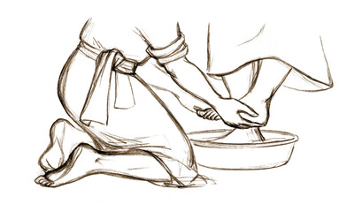 Christ washes Peter's feet. Pencil drawing - obrazy, fototapety, plakaty