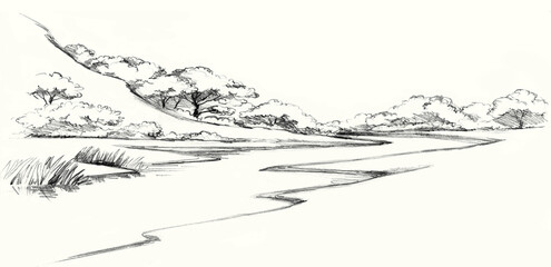 Pencil drawing. Summer river view