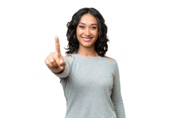 Young Argentinian woman over isolated background showing and lifting a finger