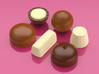 Obraz na płótnie Canvas Assorted chocolate candies on shiny pink background