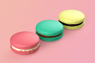 French macarons with different colors and flavors on pink background