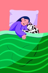 Long black haired woman hugs her white cat with black spots while they sleep on a bed