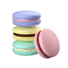 French macarons with different colors and flavors on transparent background