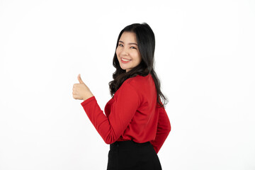 Happy smiling business woman with thumbs up gesture isolate and white background.