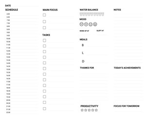 Daily planner printable template Vector. Blank white notebook page in letter format. Business organizer schedule page for a day for effective planning. Paper sheet. Vector illustration design