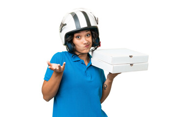 Pizza delivery Argentinian woman with work uniform picking up pizza boxes over isolated background...
