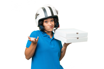 Pizza delivery Argentinian woman with work uniform picking up pizza boxes over isolated background making doubts gesture while lifting the shoulders