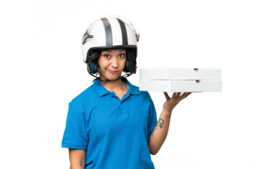 Pizza delivery Argentinian woman with work uniform picking up pizza boxes over isolated background with sad expression