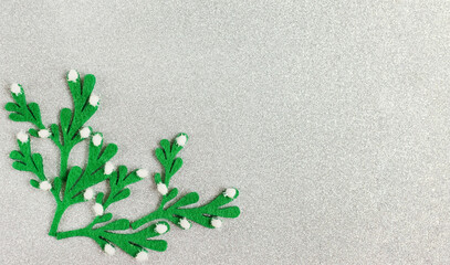 Green mistletoe branches on silver background