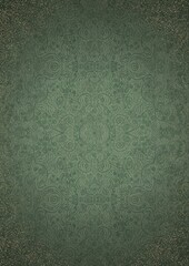 Hand-drawn unique ornament. Dark green on light warm green background, with vignette of darker background color and splatters of golden glitter. Paper texture. Digital artwork, A4. (pattern: p06d)