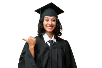 Young university graduate Argentinian woman over isolated background pointing to the side to present a product