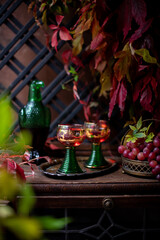 wine in a beautiful green bottle in the form of a bird. grape red wine.