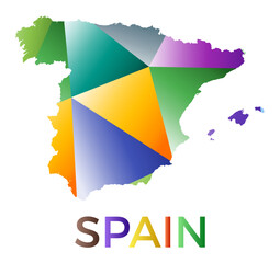 Bright colored Spain shape. Multicolor geometric style country logo. Modern trendy design. Classy vector illustration.