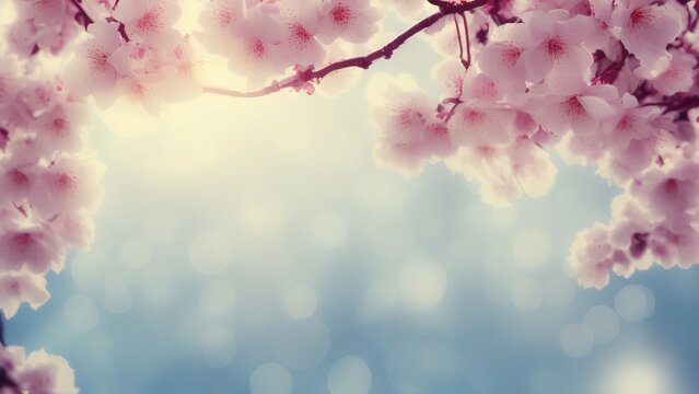 Panoramic shot of flowering apricot branches on a blue background with copy space, Pink sakura flowers, dreamy romantic image spring, landscape panorama.