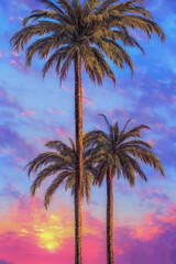 Obraz na płótnie Canvas Palm trees by the ocean, neon sunset.