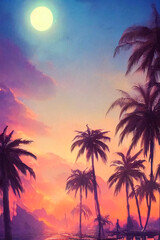 Fototapeta na wymiar Palm trees by the ocean, neon sunset.