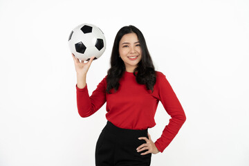 Happy Asian woman football fan cheer up support favorite team with soccer ball isolated on white background.