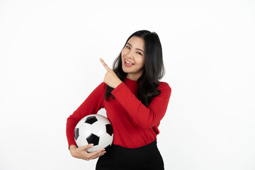 Happy Asian woman football fan cheer up support favorite team with soccer ball isolated on white background.