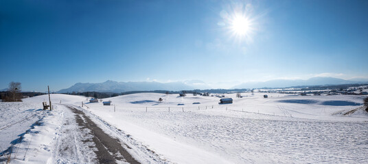 Fototapeta na wymiar sunny winter walk bavarian landscape with alps view, near Riegsee and Aidling village