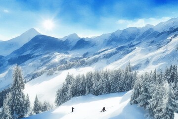 Fototapeta na wymiar AI-generated Image Of Ski Sliders On A Slope In The Alps Watercolor Landscape
