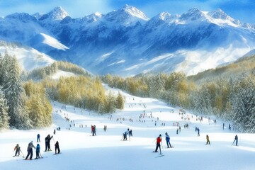 AI-generated Image Of Ski Sliders On A Slope In The Alps Watercolor Landscape